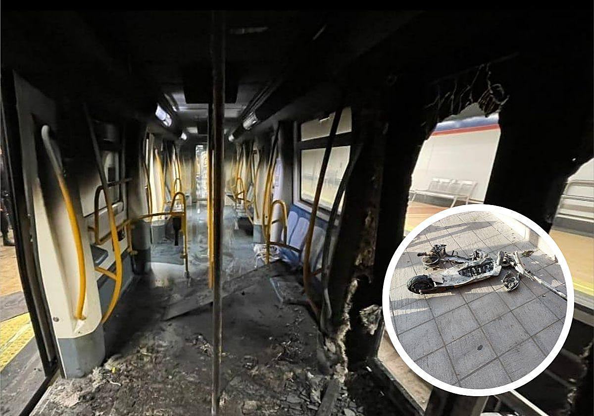 Estado en que quedó el vagón de Metro donde explotó la batería de un patinete. En el círculo, así quedó el vehículo