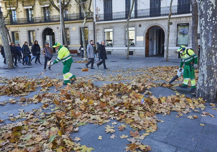 Dos trabajadores limpian las hojas del suelo, en la Puerta de Alcalá