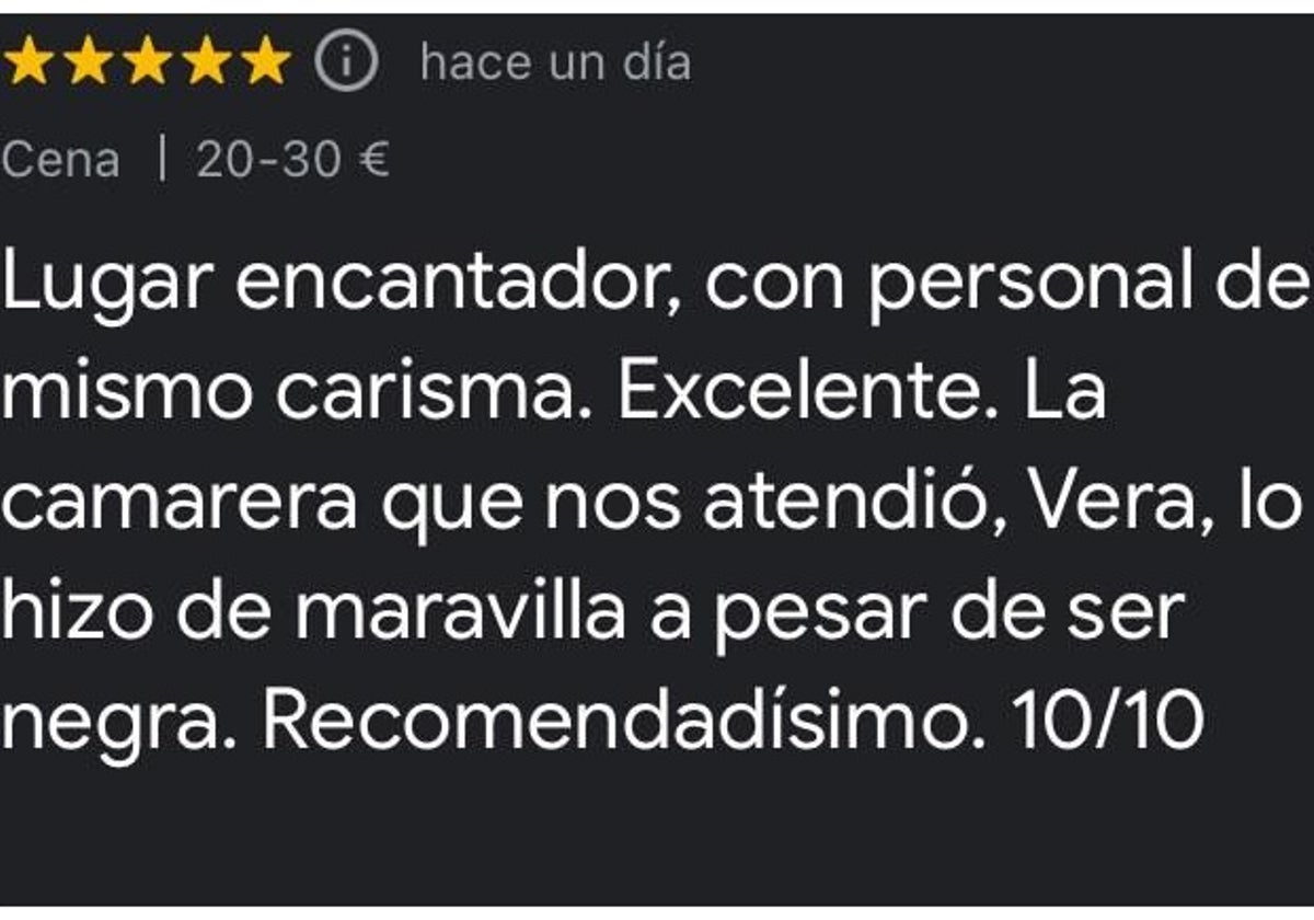 La reseña con el comentario que ha encendido las redes sociales, difundida en la cuenta de @soycamarero en 'X' (antes Twitter).