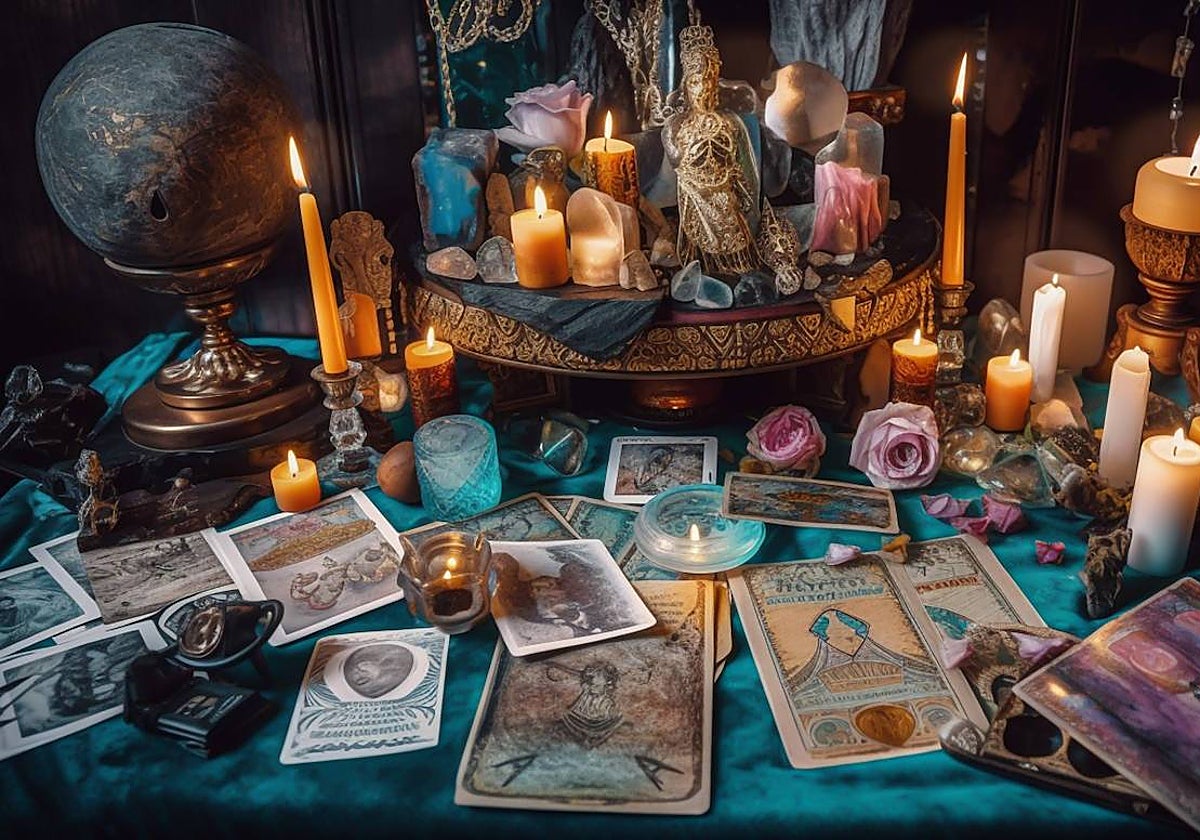 Altar con velas y cartas del tarot