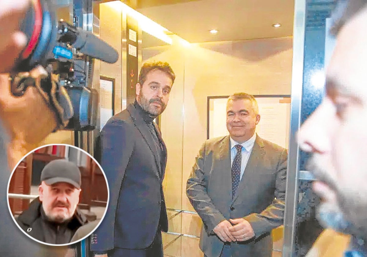 Santos Cerdán con Juan Francisco Serrano (izquierda) en el ascensor de hotel de Bruselas. En la foto insertada, Eladio Garzón