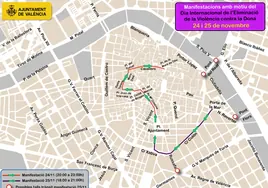 Calles cortadas y líneas de la EMT desviadas en Valencia por manifestaciones el sábado 25 de noviembre