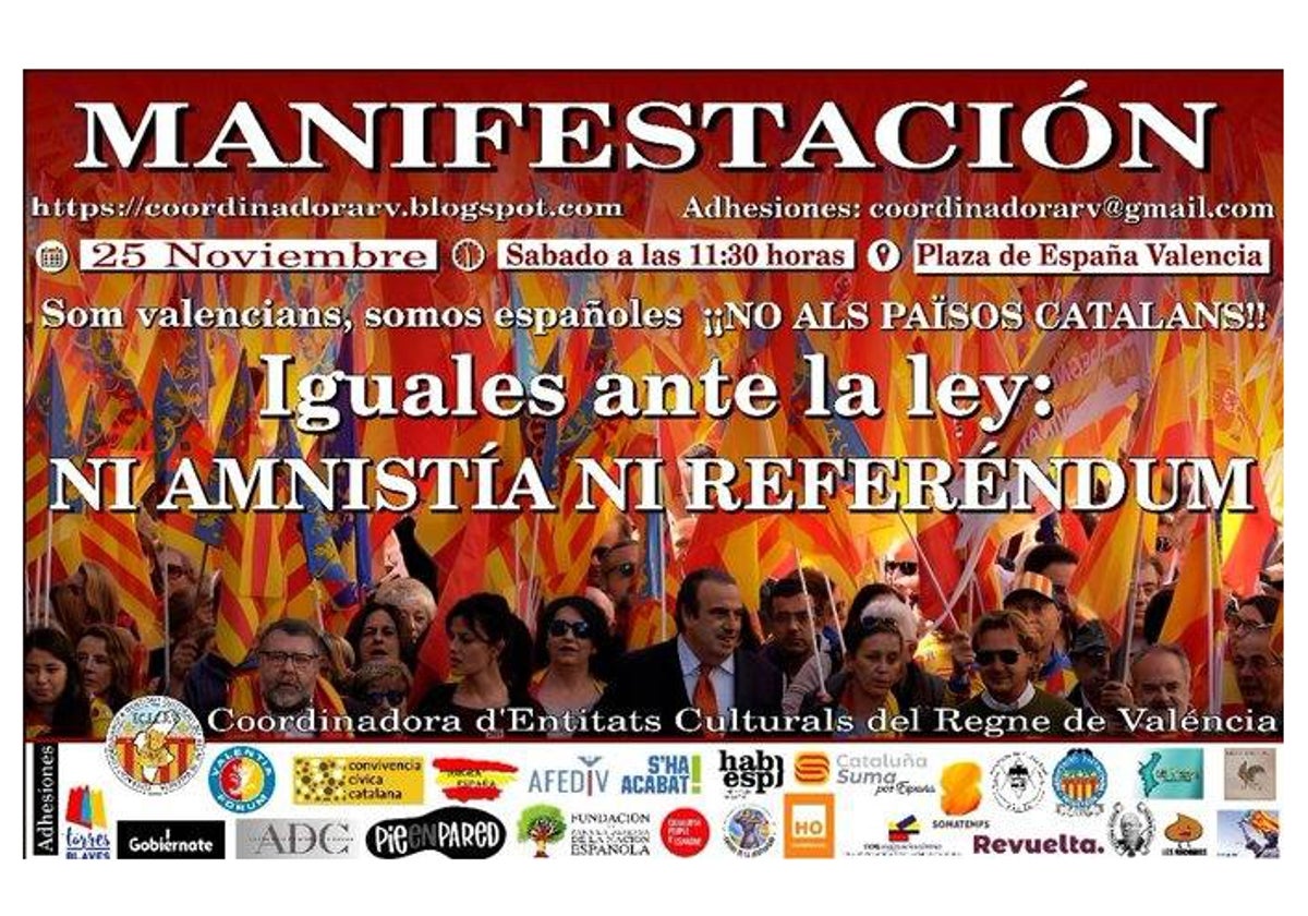 Cartel de la convocatoria de la manifestación contra la amnistía en Valencia del sábado 25 de noviembre