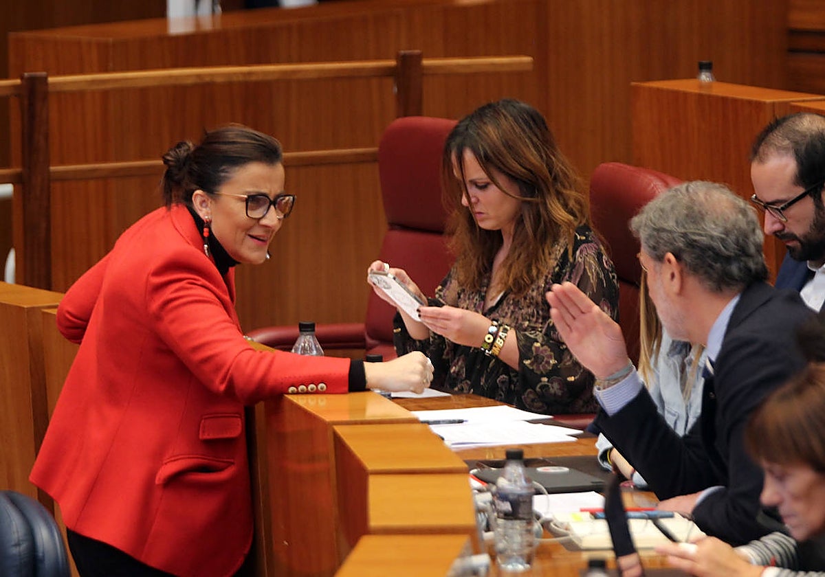 Procuradores socialistas conversan durante el Pleno de las Cortes