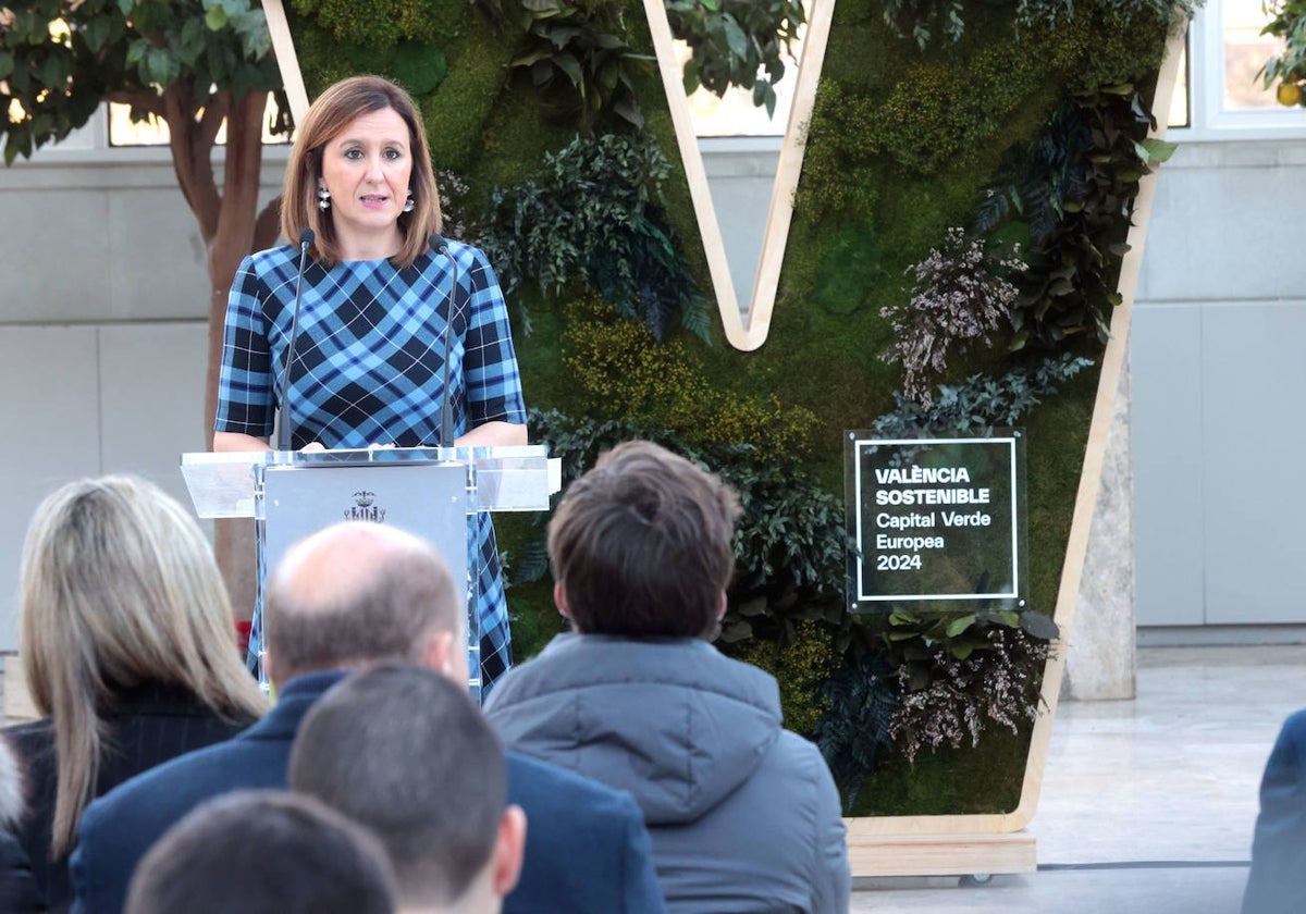 Imagen de la alcaldesa de Valencia, María José Catalá, durante la presentación de la Capitalidad Verde Europea 2024