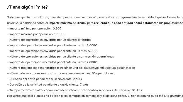 Los límites a la hora de realizar envíos de Bizum que aparecen en su página web