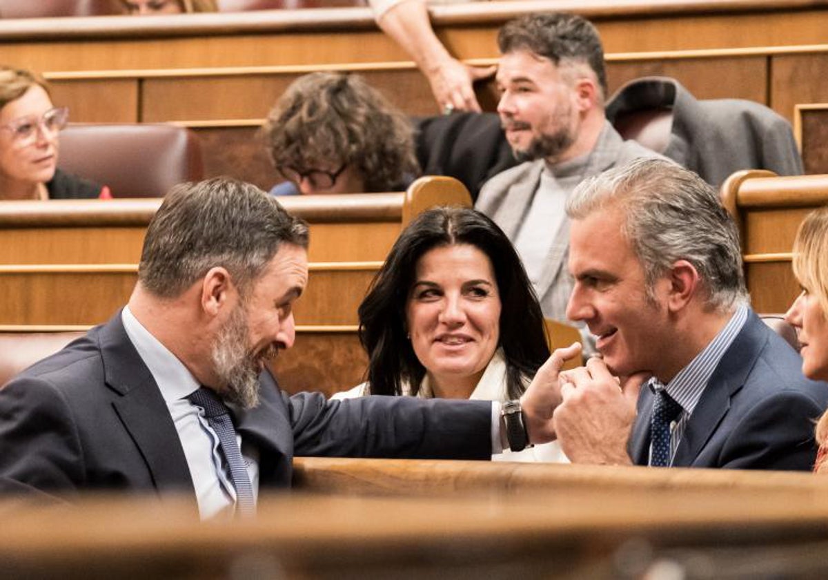 Santiago Abascal bromea con Javier Ortega Smith en el Congreso