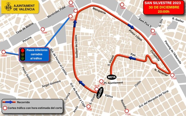 Calles cortadas en Valencia el sábado 30 de diciembre por la San Silvestre 2023