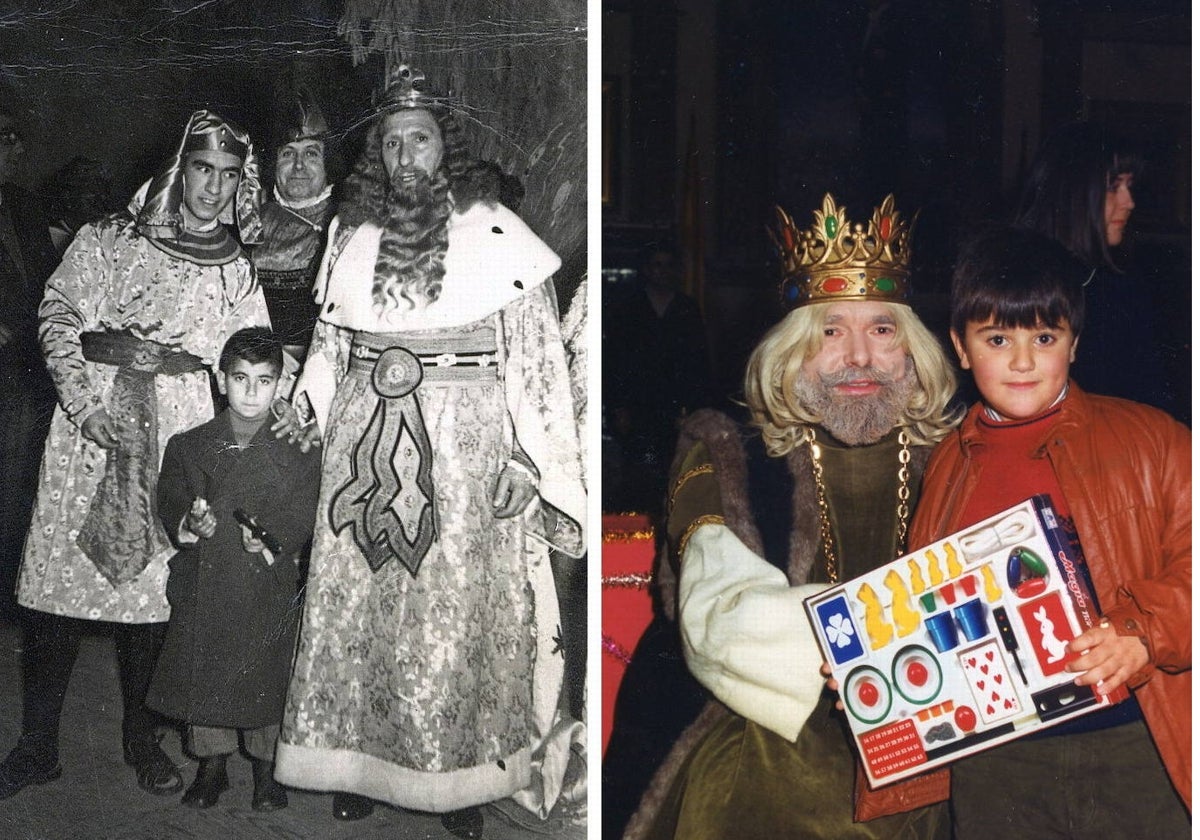 Encuentros de los pequeños con los Magos de Oriente en Toledo. A la izquierda, un niño ante Gaspar y su ayudante. A la derecha, Melchor entregando un regalo a un niño en el Ayuntamiento en 1992. Archivo Municipal de Toledo