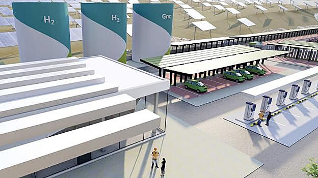 Planta de hidrógeno y gas natural, con puntos de suministro