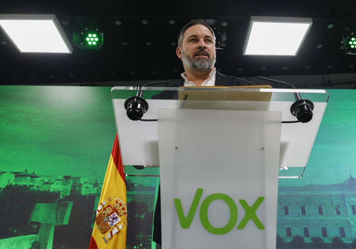 El presidente de Vox, Santiago Abascal, en la sala de prensa de Bambú