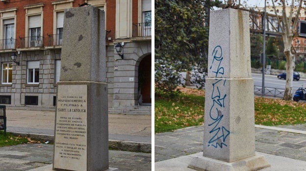 El monolito a Isabel la Católica, sin la carabela de hierro, en Ciudad Universitaria