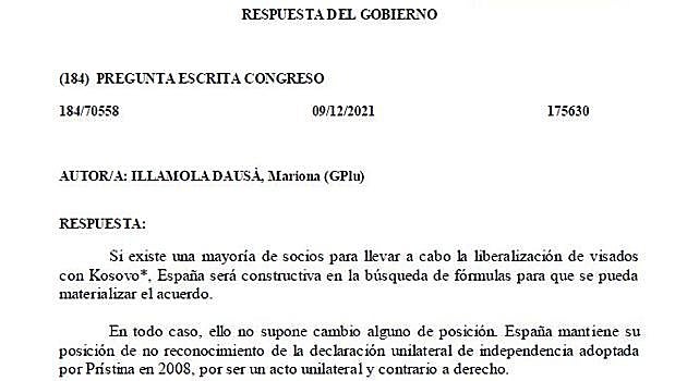 Respuesta de la Secretaría de Estado de Relaciones con las Cortes a Junts en febrero de 2022