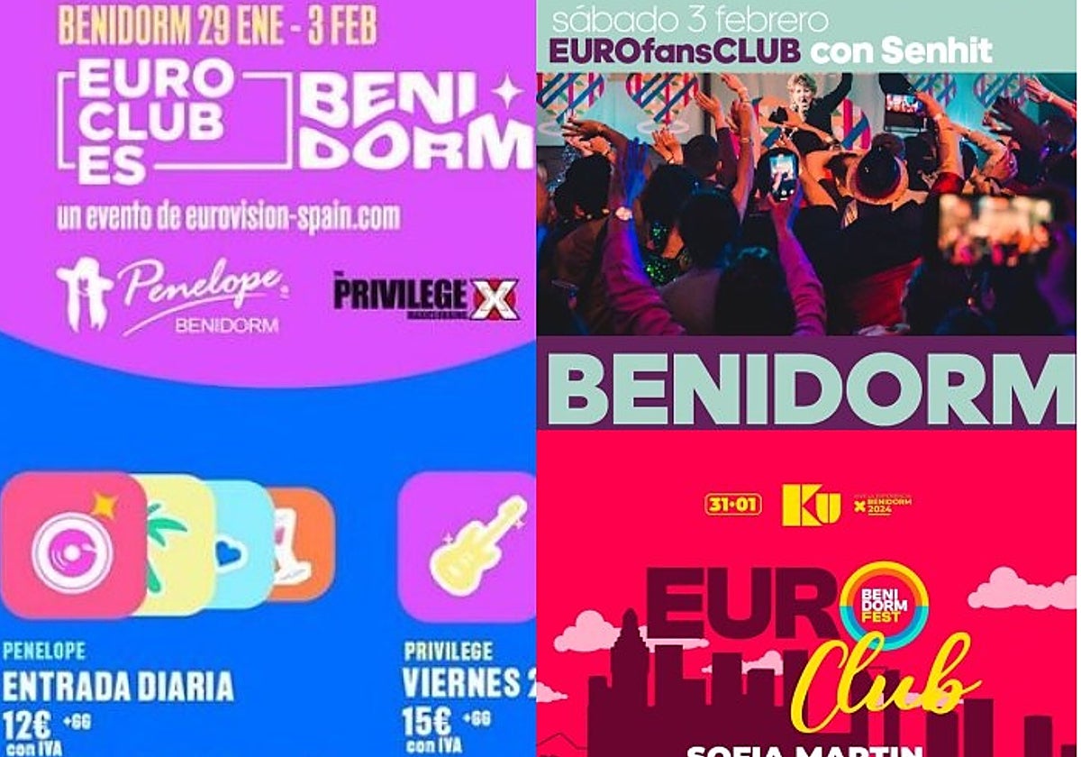Carteles de fiestas organizadas en varias discotecas de Benidorm con motivo del Benidorm Fest.