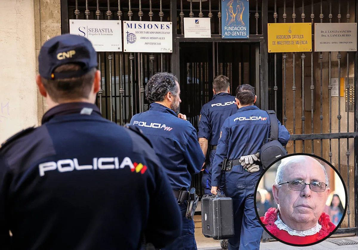Imagen de agentes de la Policía Nacional entrado a la finca en la que vivía el fallecido. Abajo a la derecha, imagen del canónigo Alfonso López
