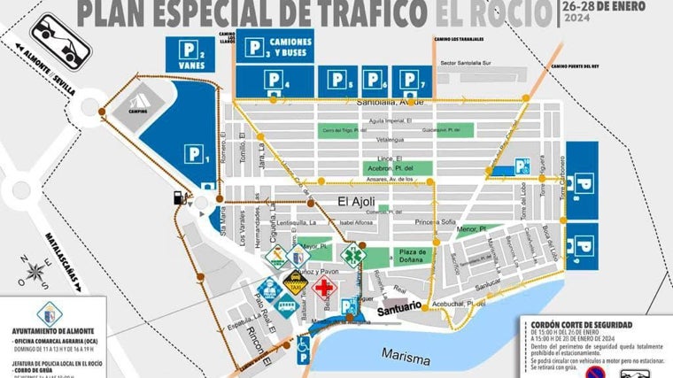 Mapa de restricciones de tráfico y zona de aparcamiento regulado para este fin de semana en El Rocío