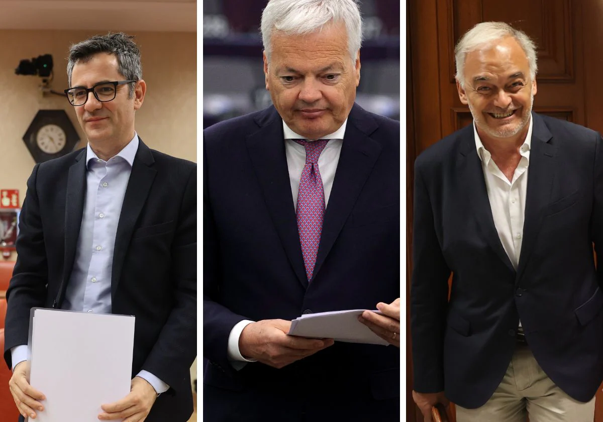 El ministro de Justicia, Félix Bolaños; el comisario de Justicia de la UE, Didier Reynders; y el portavoz del PP, Esteban González Pons