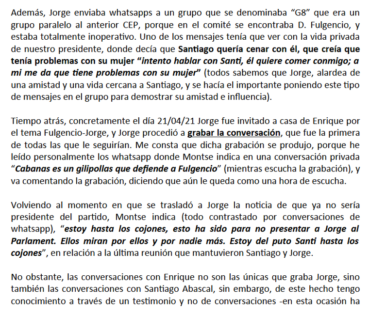 Extracto del informe elaborado por la presidenta de Vox en Baleares al que ha tenido acceso este diario