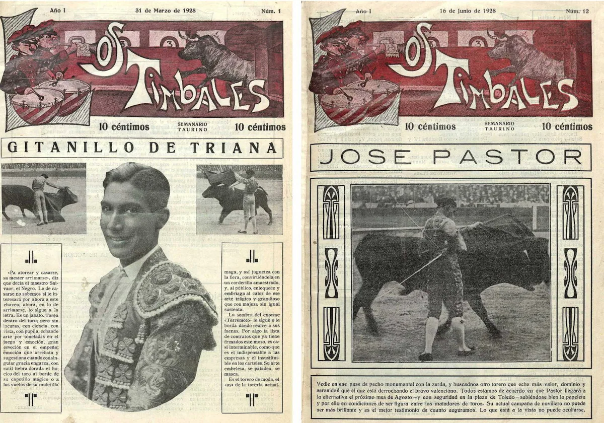 Portadas del primer y último número de 'Los Timbales', revista taurina dirigida por Ali-Muki, seudónimo de Antonio Zamora Moll, editada en Toledo en 1928. Archivo Municipal de Toledo y Biblioteca Digital de Castilla y León