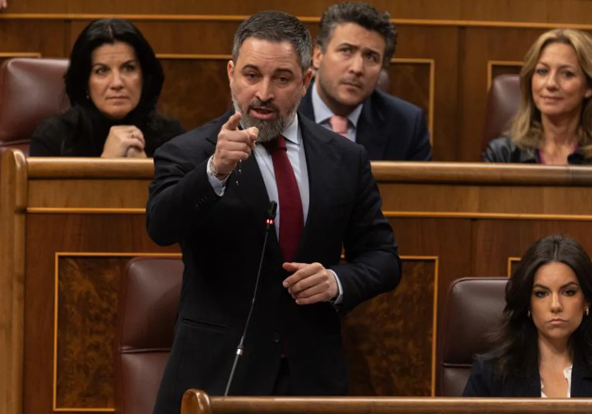 El líder de VOX, Santiago Abascal, interviene durante una sesión de control al Gobierno, en el Congreso de los Diputados, a 7 de febrero de 2024