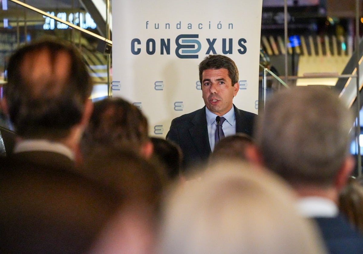 El presidente de la Generalitat Valencina, Carlos Mazón, durante su intervención en el acto organizado por Fundación Conexus en Madrid, este miércoles.