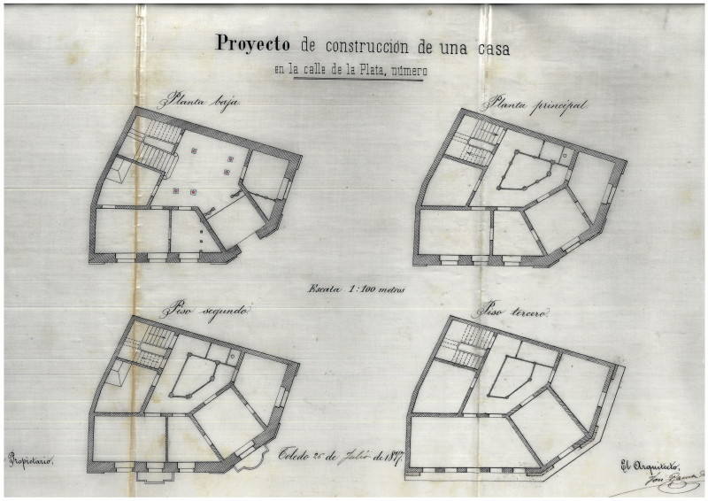 Distribución interior de la vivienda situada entre las calles de la Plata y Santa Justo. Proyecto de José Ramón Ortiz (1897). Archivo Municipal de Toledo