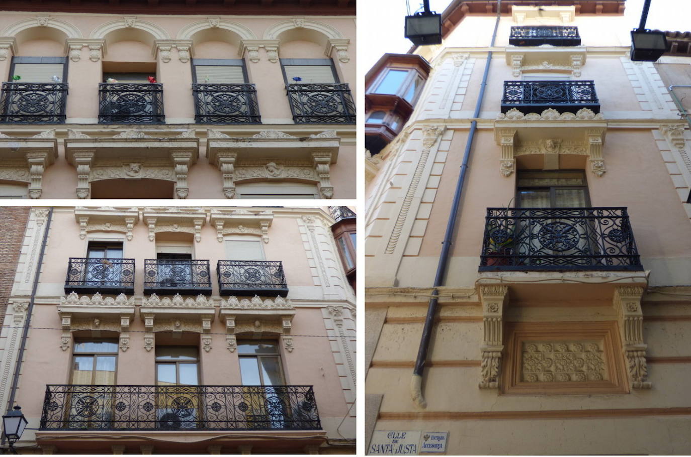Detalles de las ornamentaciones de las fachadas. A la izquierda, la segunda y tercera planta asomadas a la calle de la Plata. A la derecha, el estrecho alzado situado en la calle de Santa Justa