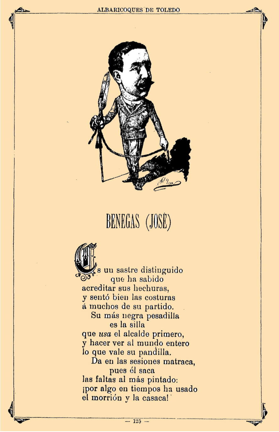 Caricatura de Benegas insertada en la obra 'Albaricoques de Toledo' Colección de semblanzas instantáneas por Rómulo M. Muro y dibujadas a pluma vuela por Vera (padre e hijo) con la cooperación y fotografías de Constantino Garcés'. Toledo. 1893, Imprenta de Menor Hermanos