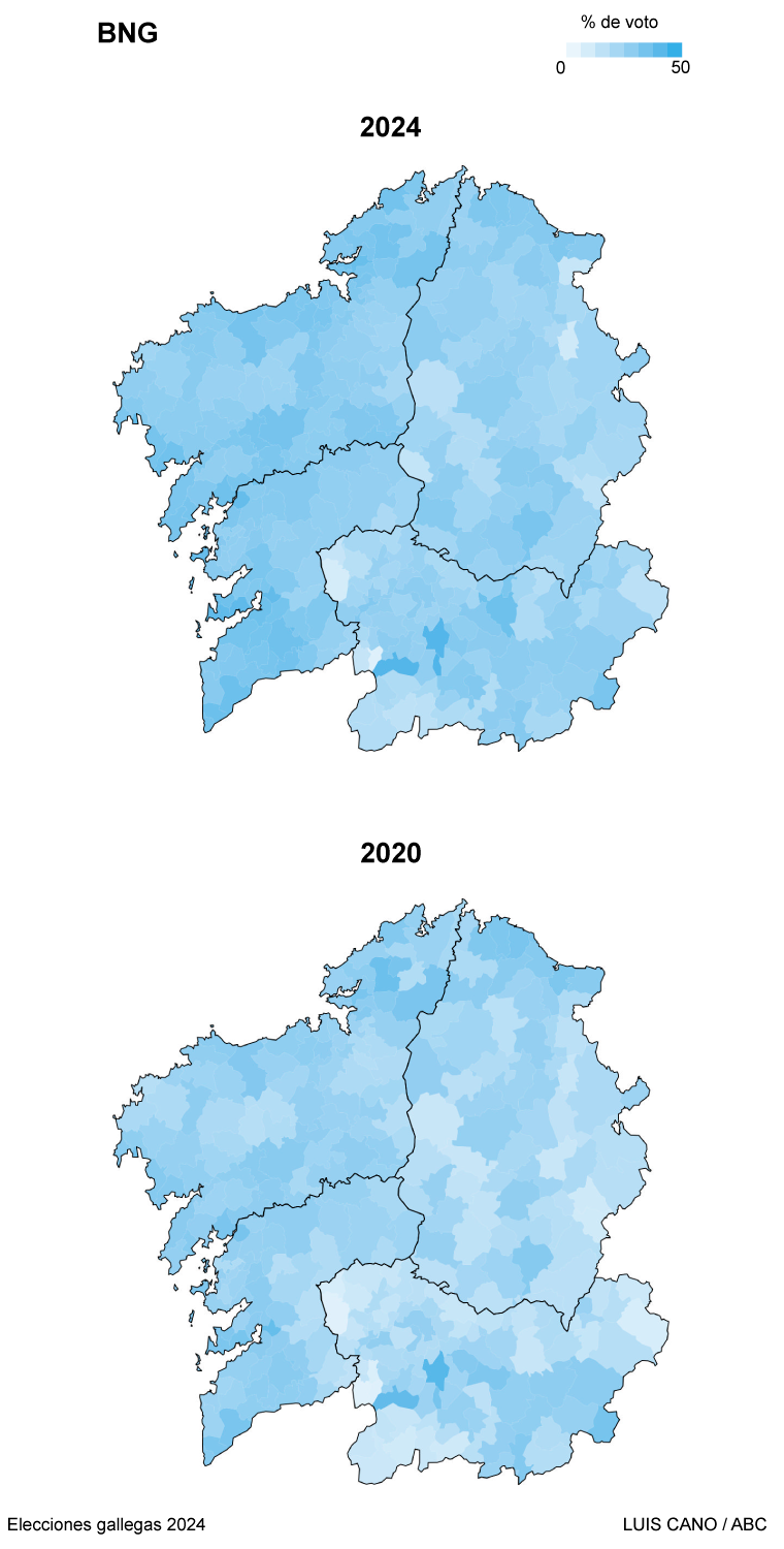 Resultados de BNG en las elecciones de Galicia en 2024 y en 2020