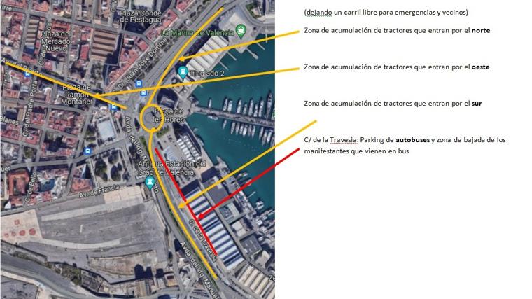 Mapa del punto de la manifestación de tractores este jueves en Valencia