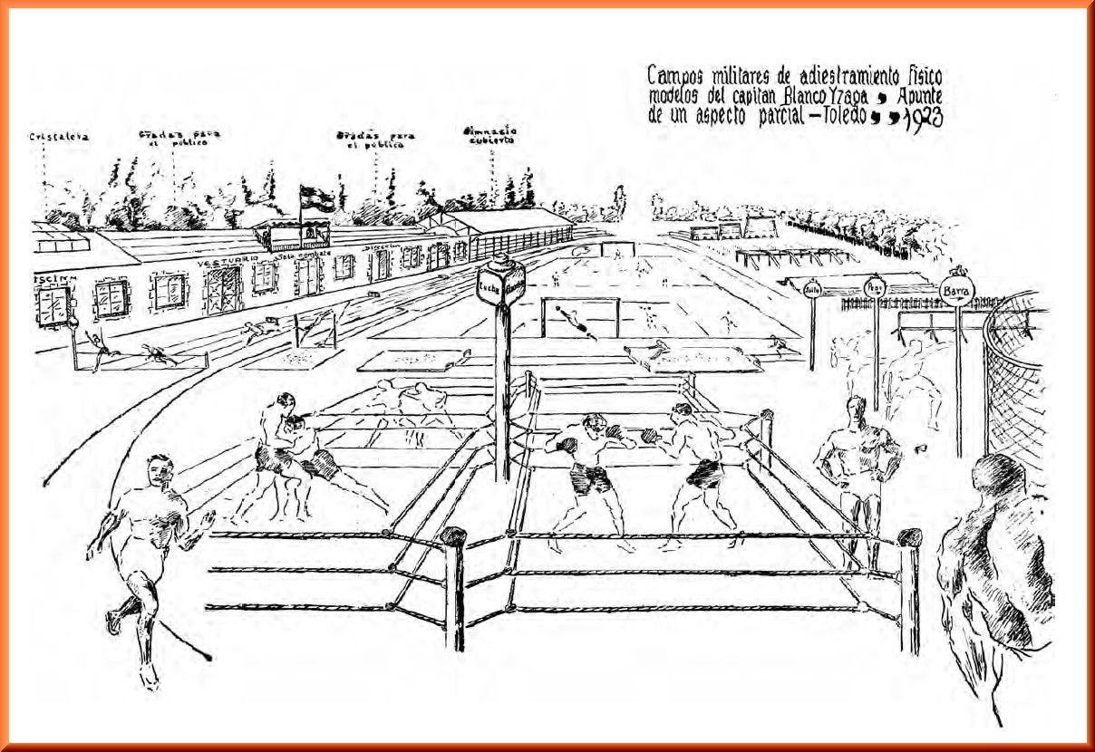 'Memoria. Cursos 1920-1921-1923'. Propuesta realizada por el capitán profesor Emilio Blanco de Izaga, en 1923, con los distintos espacios requeridos para la ejercitación gimnástico-deportiva. Se recogen las pistas de atletismo y de obstáculos, campo de futbol, vestuarios, piscina cubierta, tapices para boxeo, graderíos, etc.
