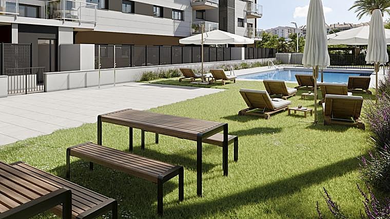 Las zonas comunes de las Terrazas de la Medina con la piscina al fondo