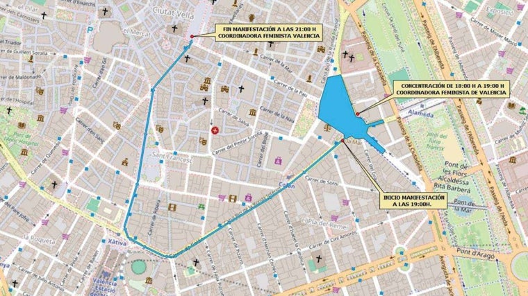 Recorrido de manifestación convocada por la Coordinadora Feminista de Valencia con motivo del 8M