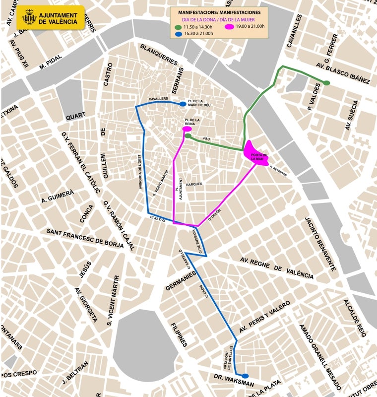 Mapa con el recorrido de las tres manifestaciones por el 8M en Valencia