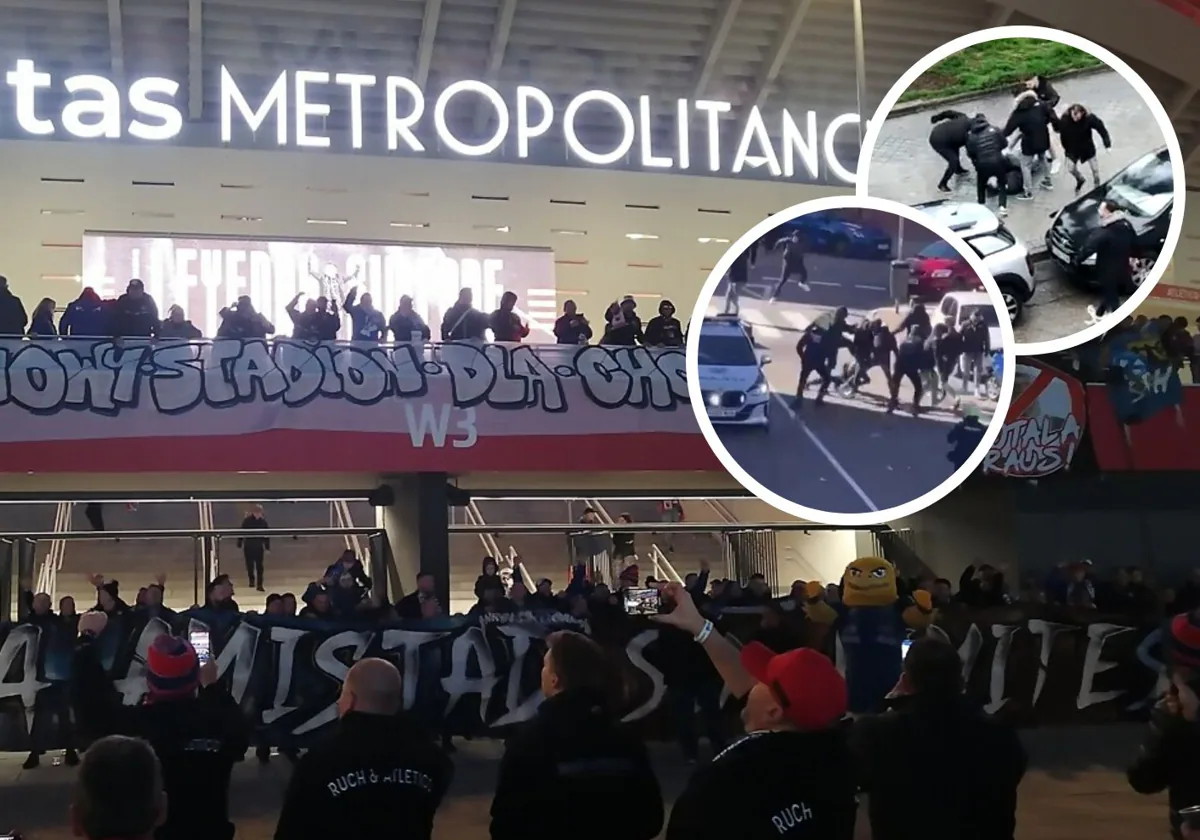 Ultras polacos del Ruch Chorzów, en los bajos del Metropolitano; en los círculos, dos de las reyertas registradas en la zona