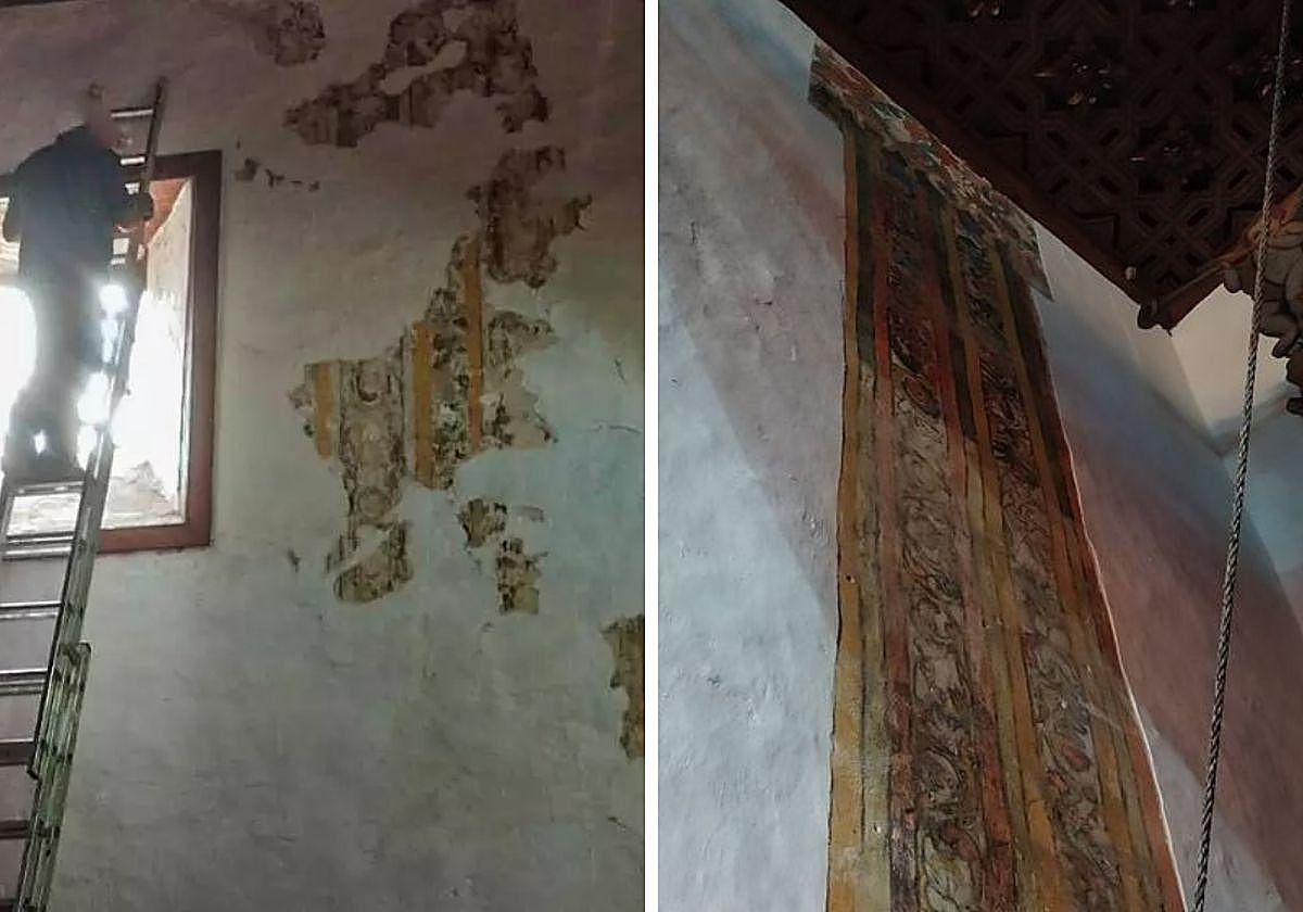 A la izquierda, un operario junto a un fresco sin restaurar. A la derecha, un fresco restaurado