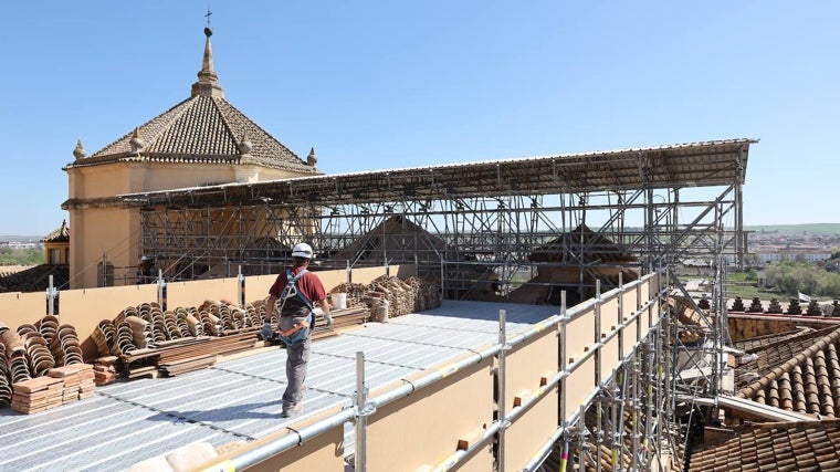 Un operario camina por los andamios instalados para la obra