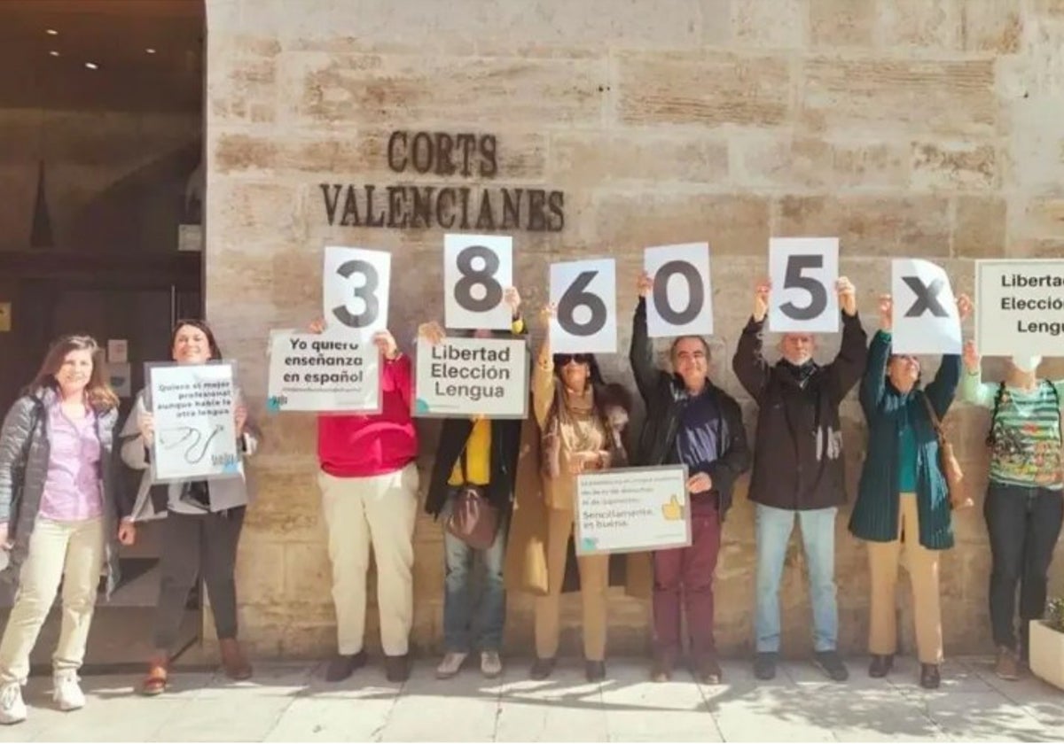 Manifestación de Hablamos Español ante las Cortes Valencianas durante su recogida de firmas para la Iniciativa Legislativa Popular (ILP).