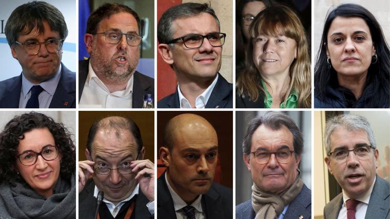 De izquierda a derecha y de arriba a abajo: Carles Puigdemont, Oriol Junqueras, Josep Maria Jové, Natàlia Garriga, Anna Gabriel, Marta Rovira, Vicent Sanchis, Saül Gordillo, Artur Mas y Francesc Homs