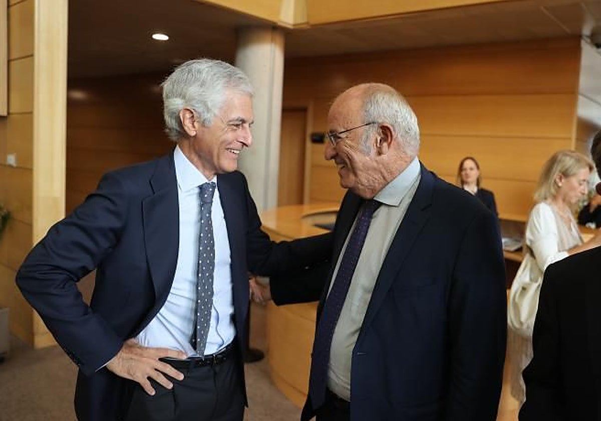 El diputado del PP Pedro Corral (derecha), con Adolfo Suárez Illana en la Asamblea de Madrid, en una imagen de 2022