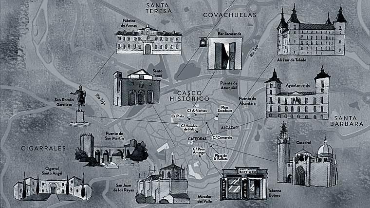 Plano de la ciudad de Toledo con los puntos donde trascurre la historia de la novela 'El abrazo de la langosta'