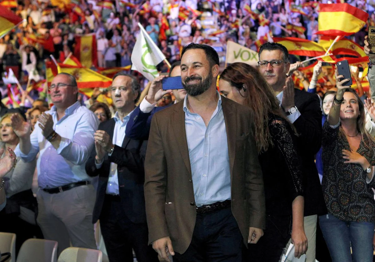 El presidente de Vox, Santiago Abascal, en Vistalegre, en 2018, en la primera gran movilización de su partido