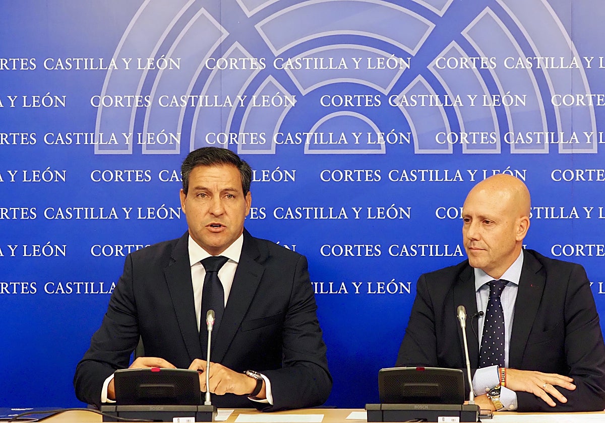 Los portavoces de los grupos Popular, Raúl de la Hoz, y Vox, Carlos Menéndez, en las Cortes de Castilla y León, en una imagen de archivo