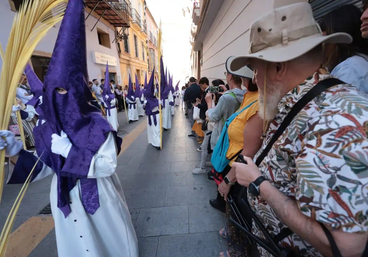 Turistas contemplan la procesión de la Pollinica el Domingo de Ramos en Málaga