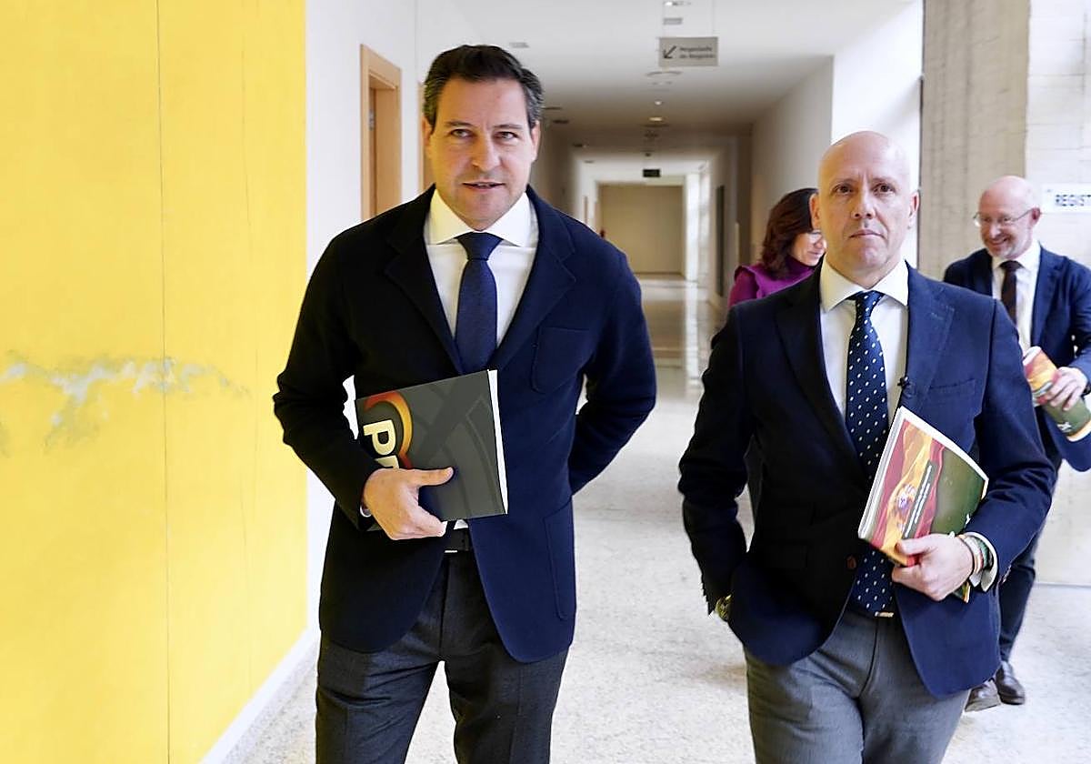 Los portavoces de los grupos PP y Vox en las Cortes, Raúl de la Hoz y Carlos Menéndez, presentan una proposición de ley conjunta