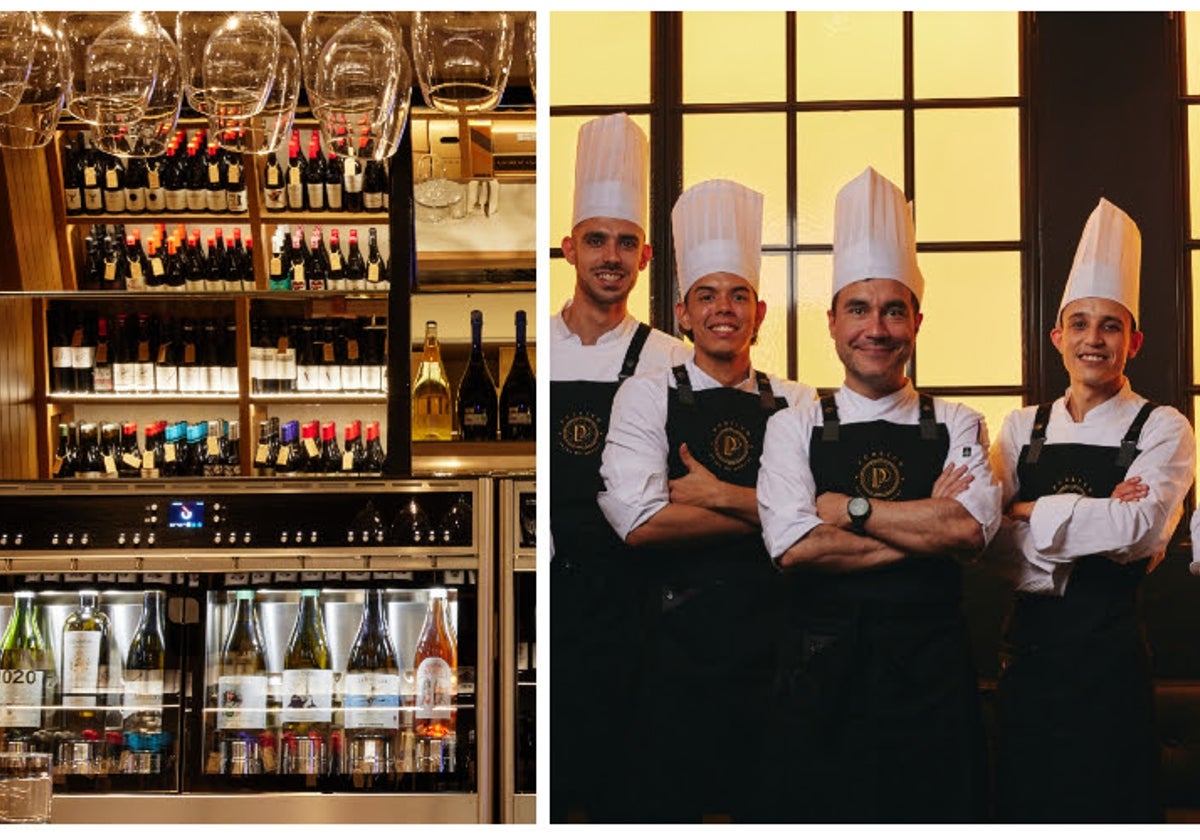 El equipo de cocina encabezado por el chef Edgar Martínez y vista parcial de la vinoteca de Público