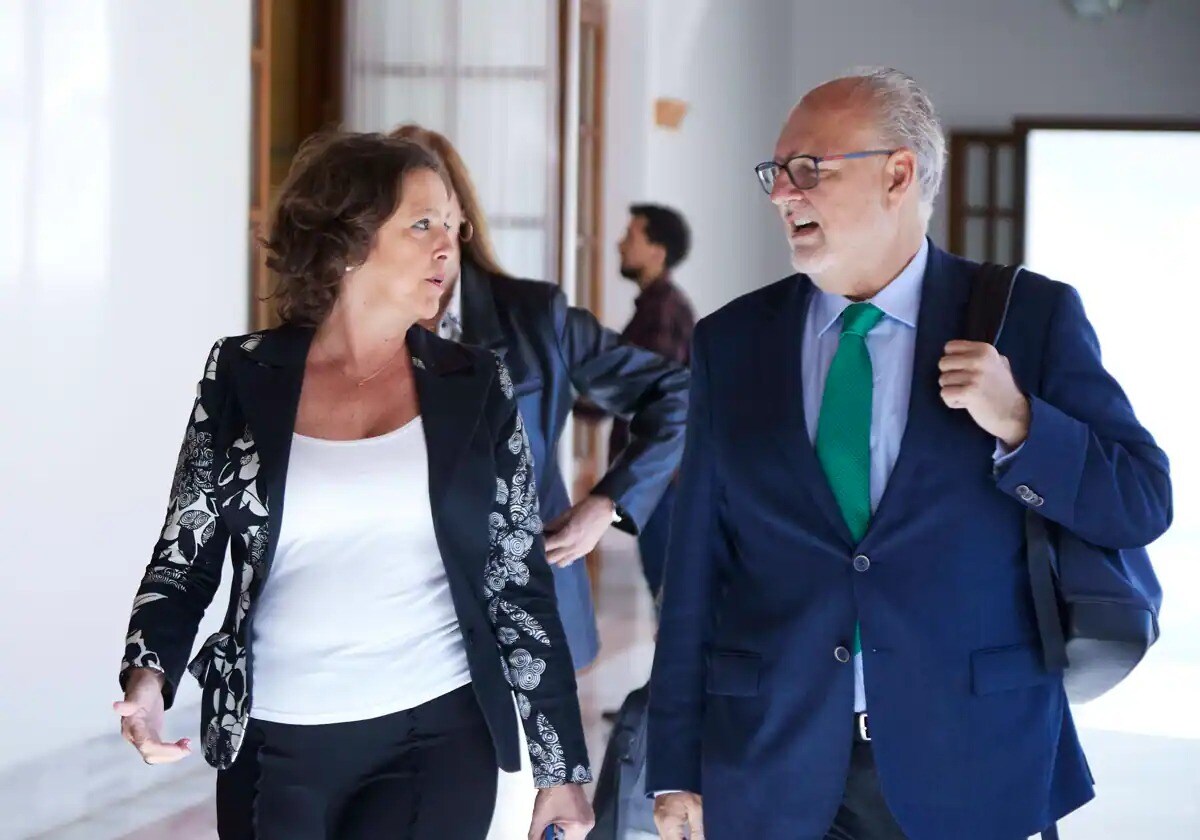 La consejera de Salud, Catalina García, junto al exviceconsejero, Miguel Ángel Guzmán, en los pasillos del Parlamento