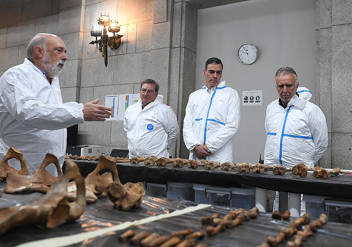 El presidente del Gobierno, Pedro Sánchez, y el ministro de Política Territorial y Memoria Democrática, Ángel Víctor Torres, en el Valle de Cuelgamuros