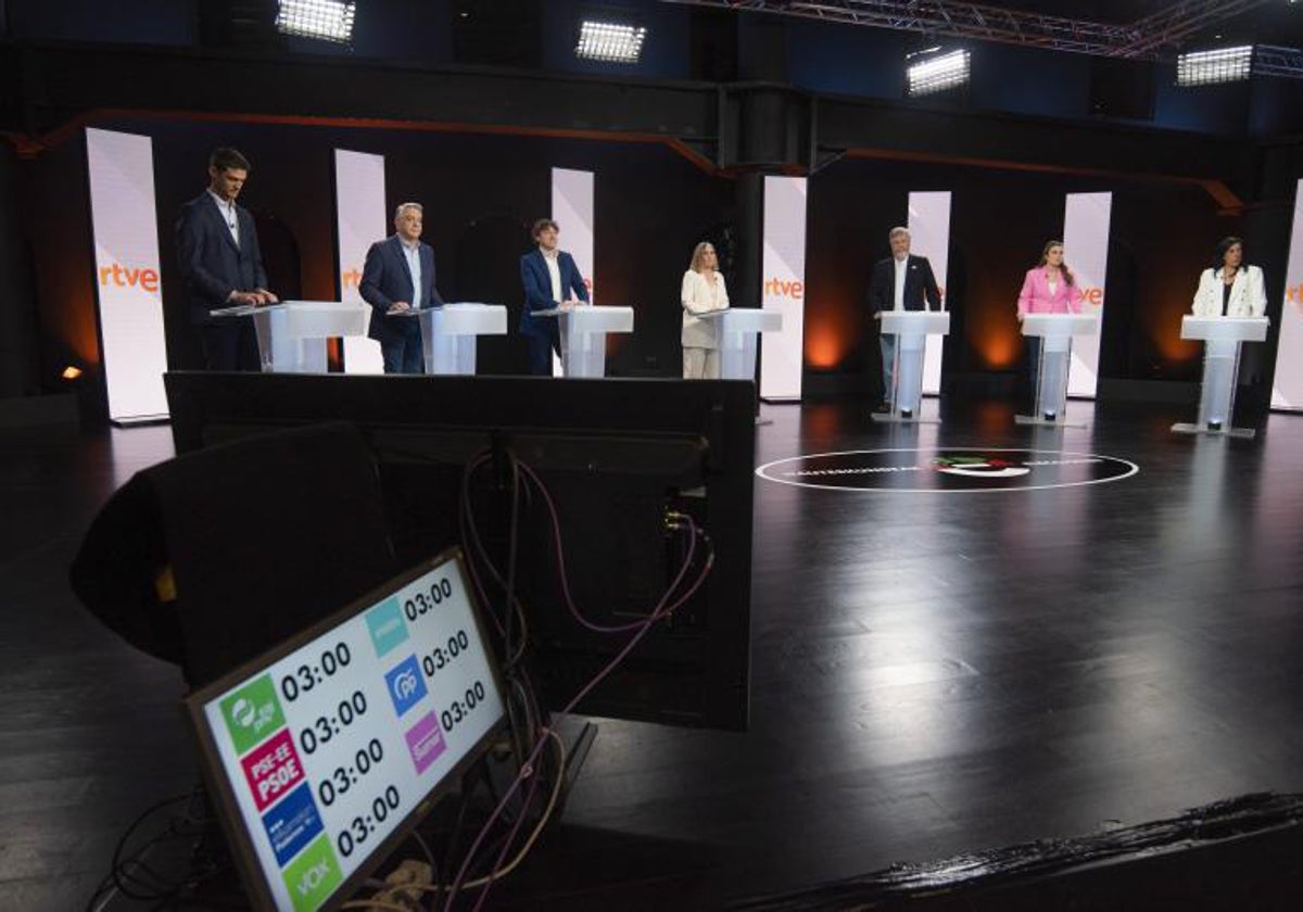 Los representantes de PNV, PP, PSOE, EH BIldu, Podemos, Sumar y Vox en sus atriles durante el debate