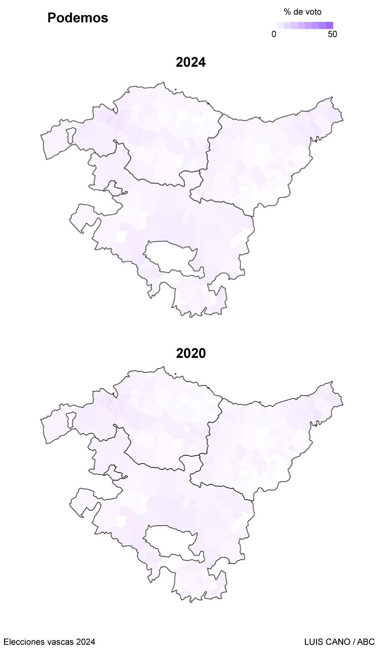 Comparación resultado electoral de Podemos en 2020 y 2024